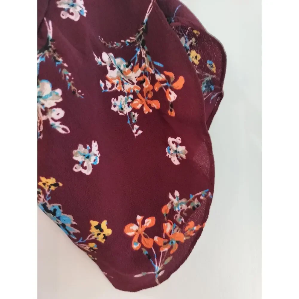 Passport Women’s XL Burgundy Floral Blouse Long Sleeve Ruffle Cuff Top - Picture 3 of 8